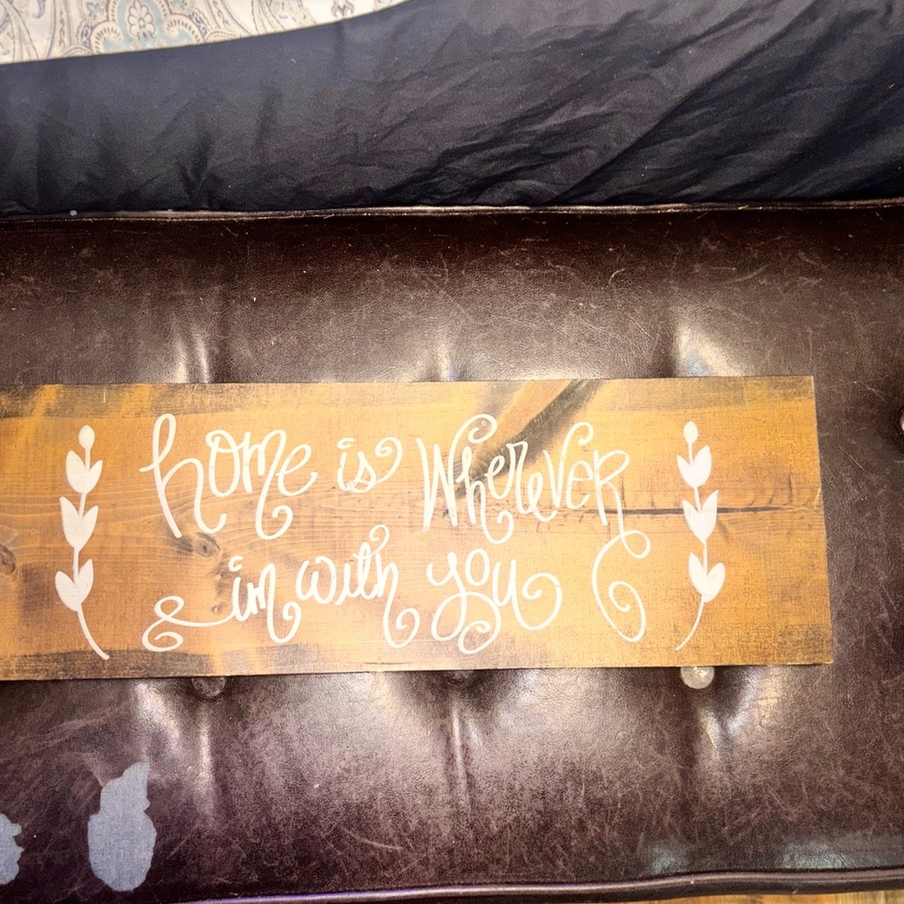 Charming Brown Wooden Wall Art with White Script